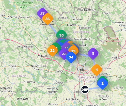 Ukázka plánování rozvozové trasy se zastávkami v GPS mapě